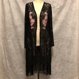 Black Lace Fringed Duster with Pink Flowers Medium
